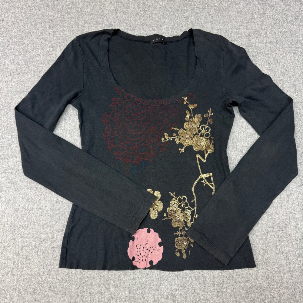 Sisley Long Sleeve Top Small Black Gold Floral Graphic Scoop Neck Rhinestone Y2K
